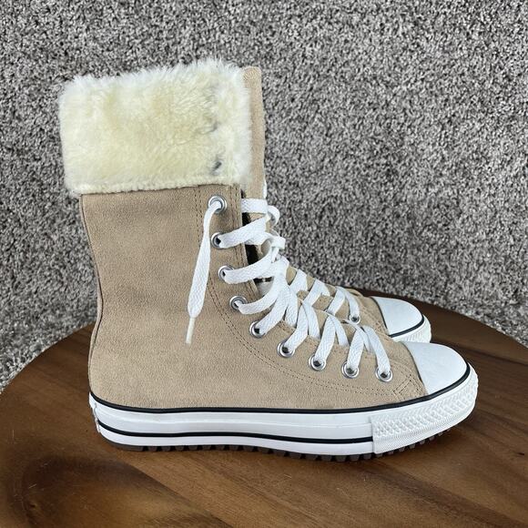 Converse Shoes - Converse High-Top Lace-Up Sneakers in Beige and White with Faux Fur Collar
